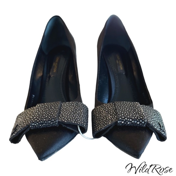 LOUIS VUITTON LIPSTICK PUMPS BLACK SATIN & PEBBLED SILVER LEATHER BOW PUMP 36.5 - Picture 4 of 17